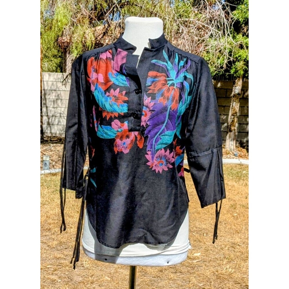 Linen Womens Medium Tropical Print Button-Neck Pullover 3/4 Sleeve Shirt Top EUC